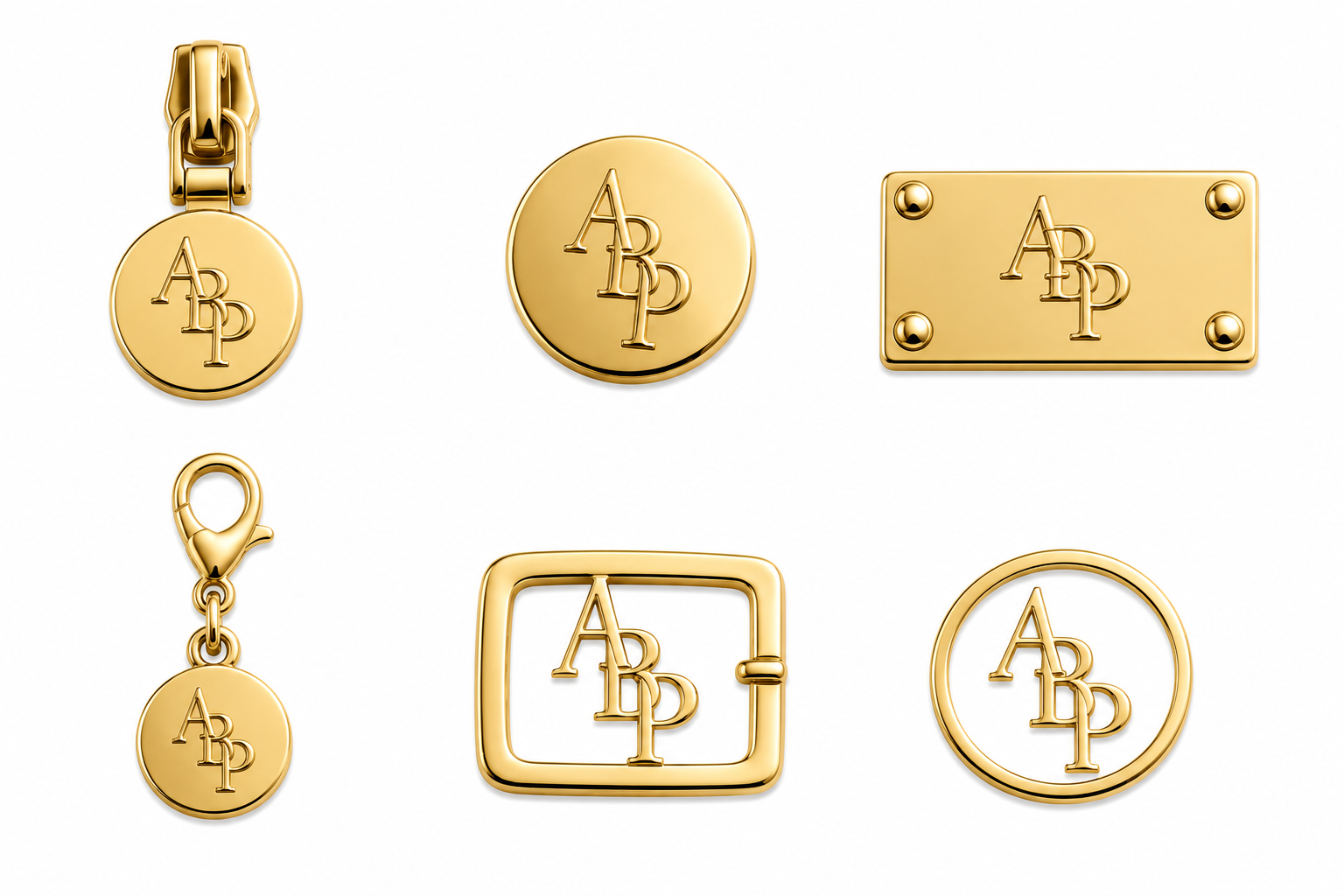 ABP hardware collection — zip pulls, buttons, plates, charms, buckles