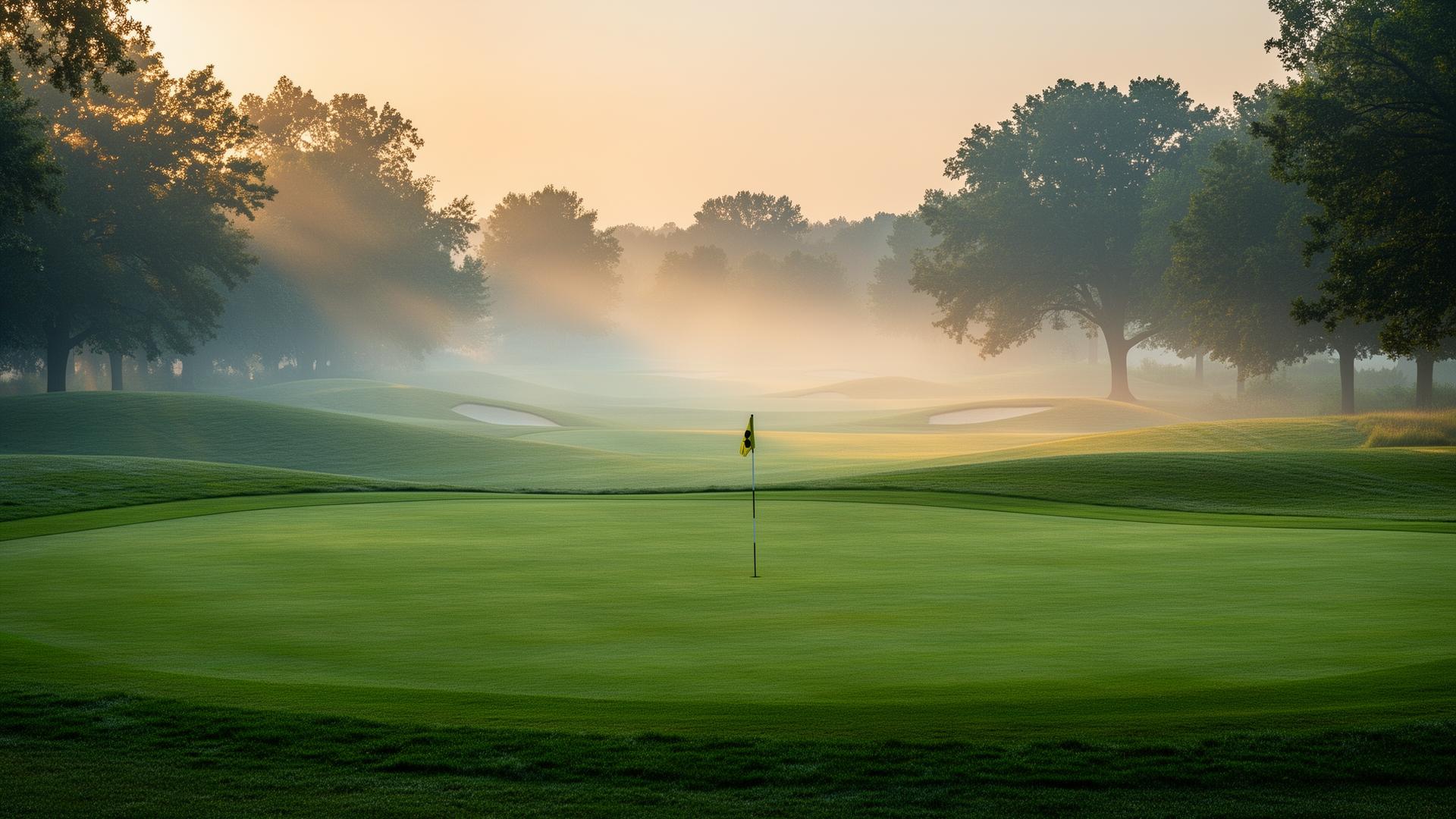 A misty country club fairway at sunrise